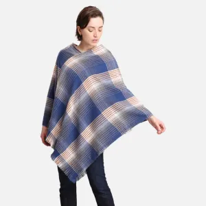 Blue White Multicolor Plaid Poncho