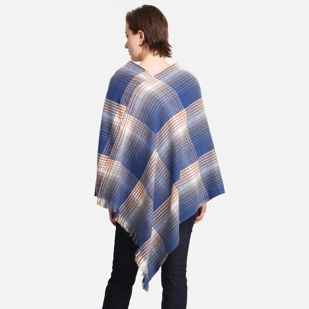 Blue White Multicolor Plaid Poncho