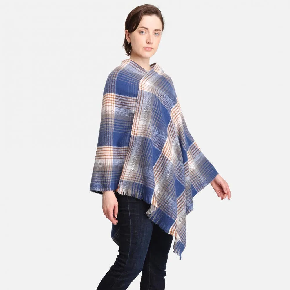 Blue White Multicolor Plaid Poncho