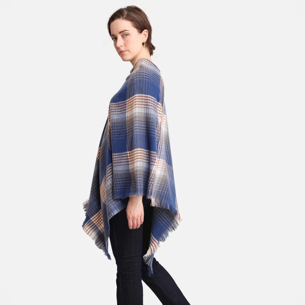 Blue White Multicolor Plaid Poncho