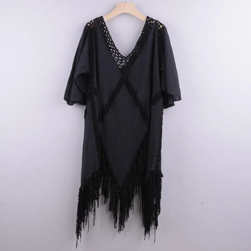 Boho Chic Crochet Fringed Cover-Up | Stylish Poncho for Summer Beach Escapes