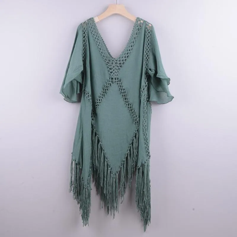 Boho Chic Crochet Fringed Cover-Up | Stylish Poncho for Summer Beach Escapes