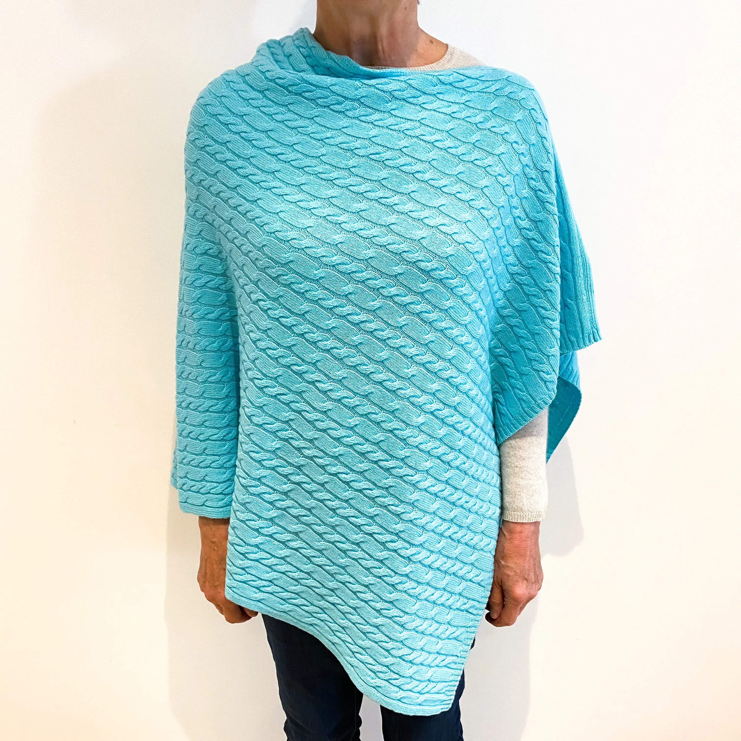 Brand New Scottish Bright Aqua Cashmere Cable Poncho One Size