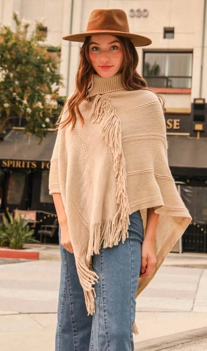 Button Neck Fringe Poncho