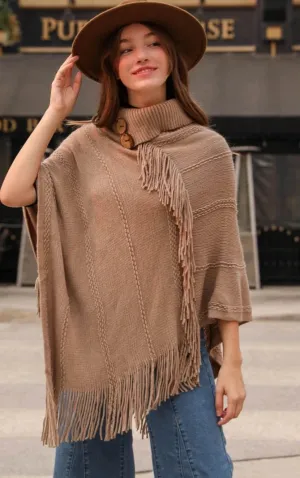 Button Neck Fringe Poncho