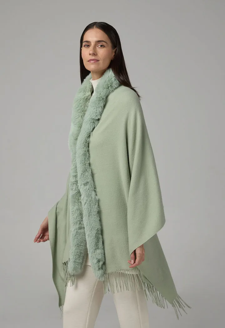 Choice Faux Fur Embellished Poncho Green