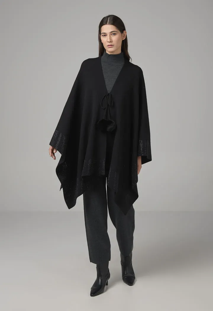 Choice Tie Neck Knitted Poncho Black