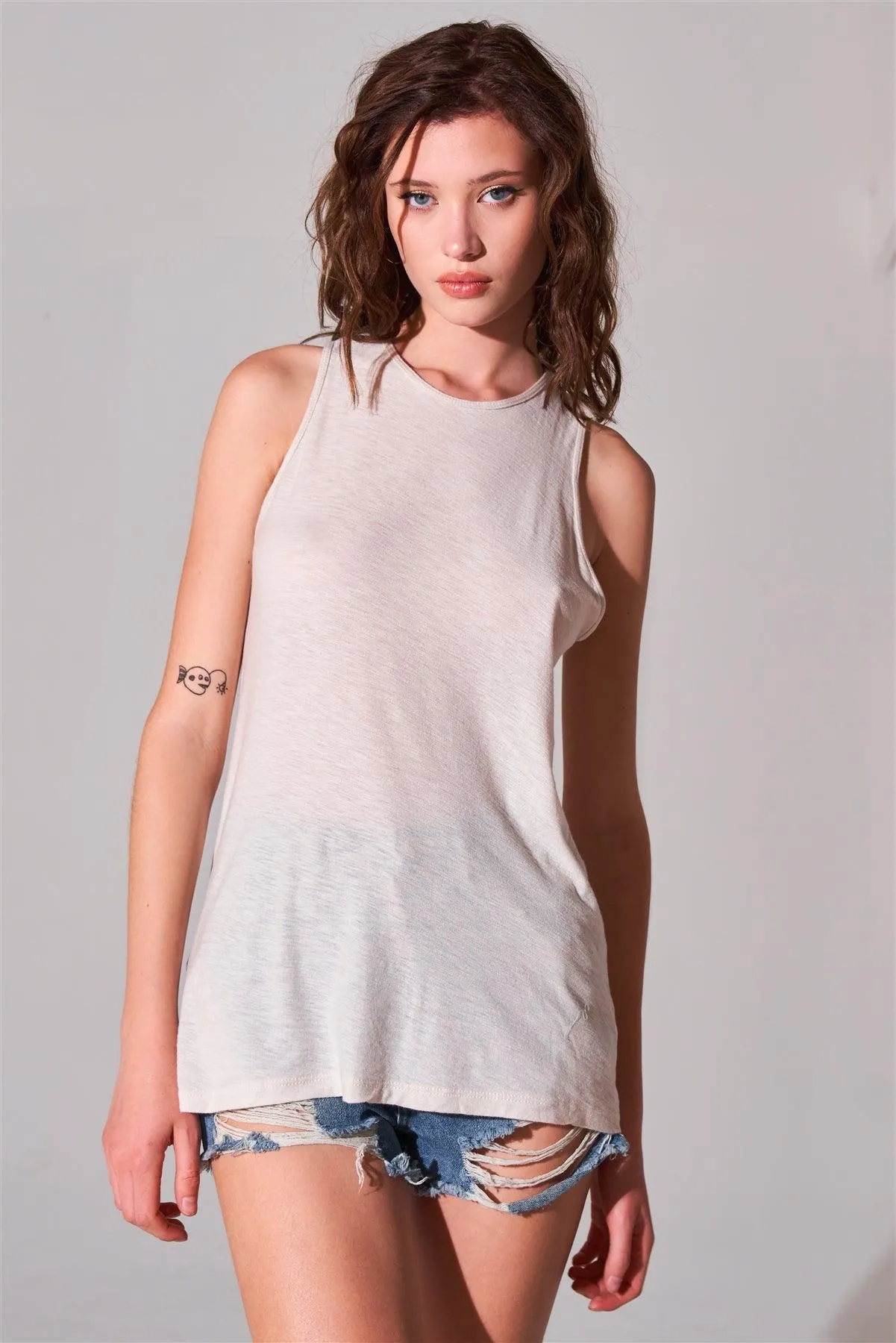 Clay Cotton Sleeveless Crew Neck Cut-Out Tank Top