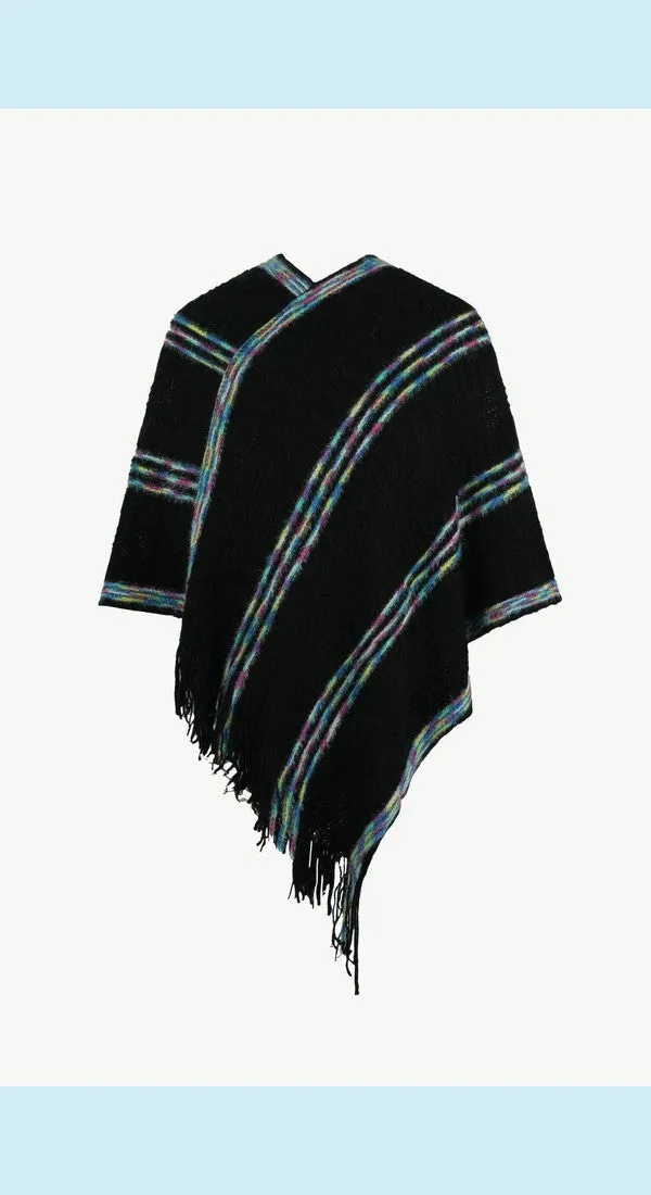 Colorful Stripe V-Neck Asymmetrical Fringe Hem Poncho