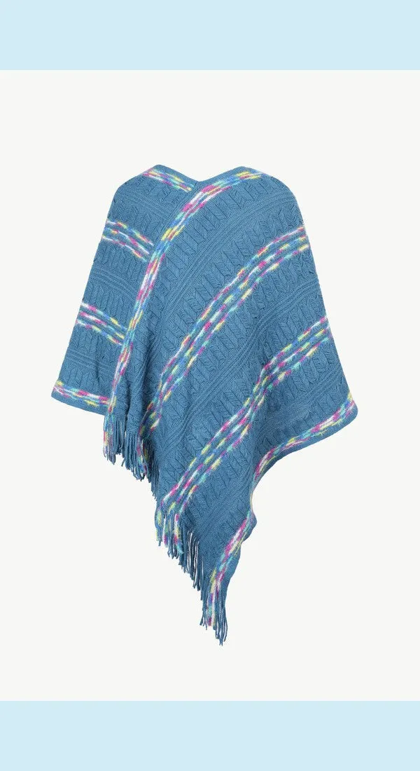 Colorful Stripe V-Neck Asymmetrical Fringe Hem Poncho