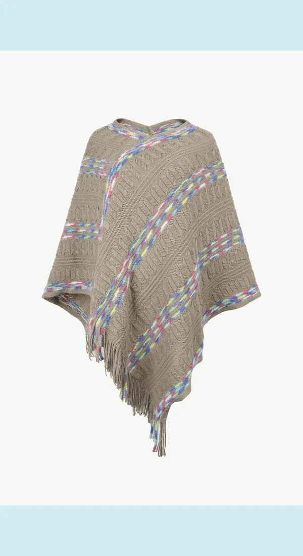 Colorful Stripe V-Neck Asymmetrical Fringe Hem Poncho