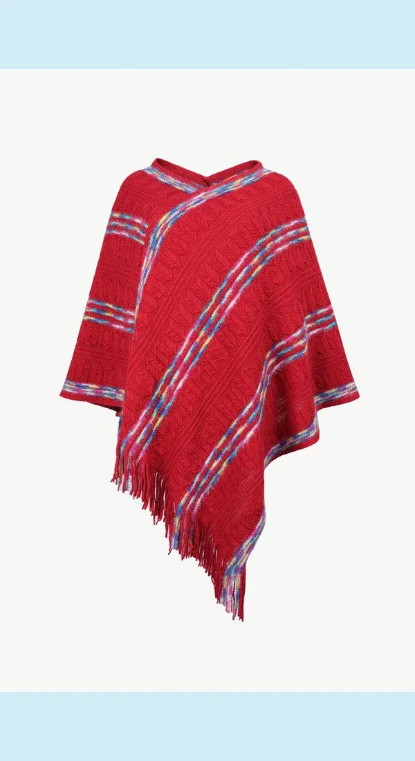 Colorful Stripe V-Neck Asymmetrical Fringe Hem Poncho