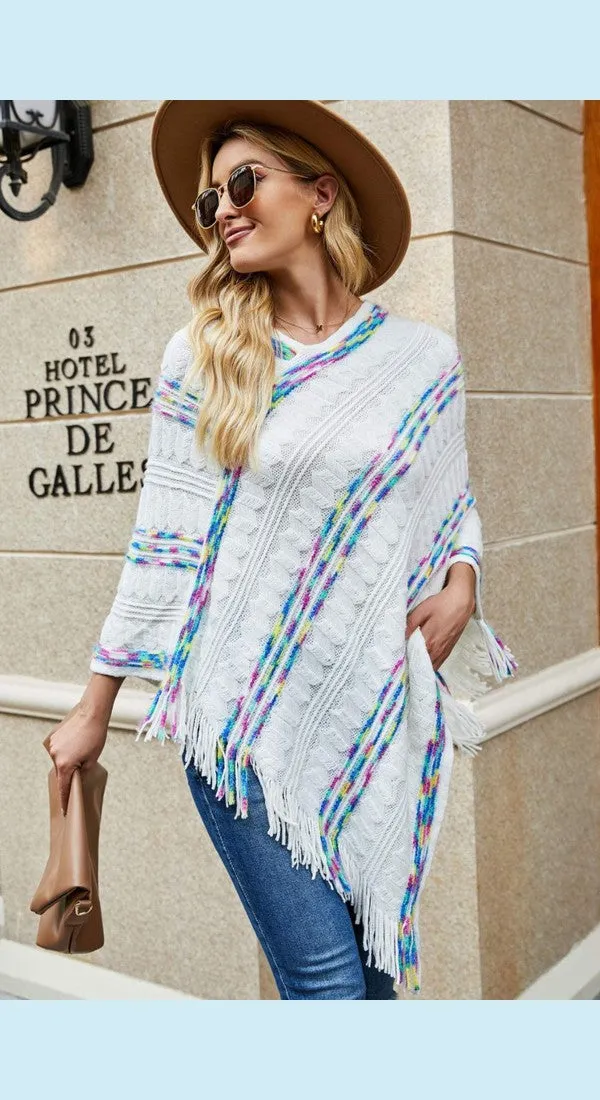 Colorful Stripe V-Neck Asymmetrical Fringe Hem Poncho