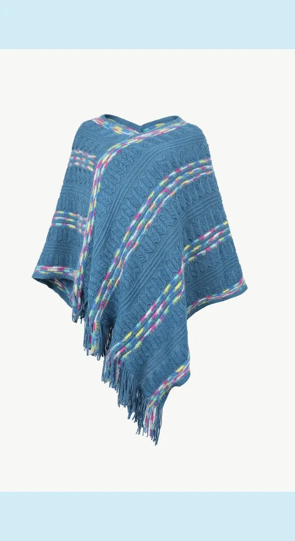 Colorful Stripe V-Neck Asymmetrical Fringe Hem Poncho