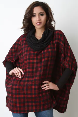 Cowl Neck Plaid Dolman Poncho Top