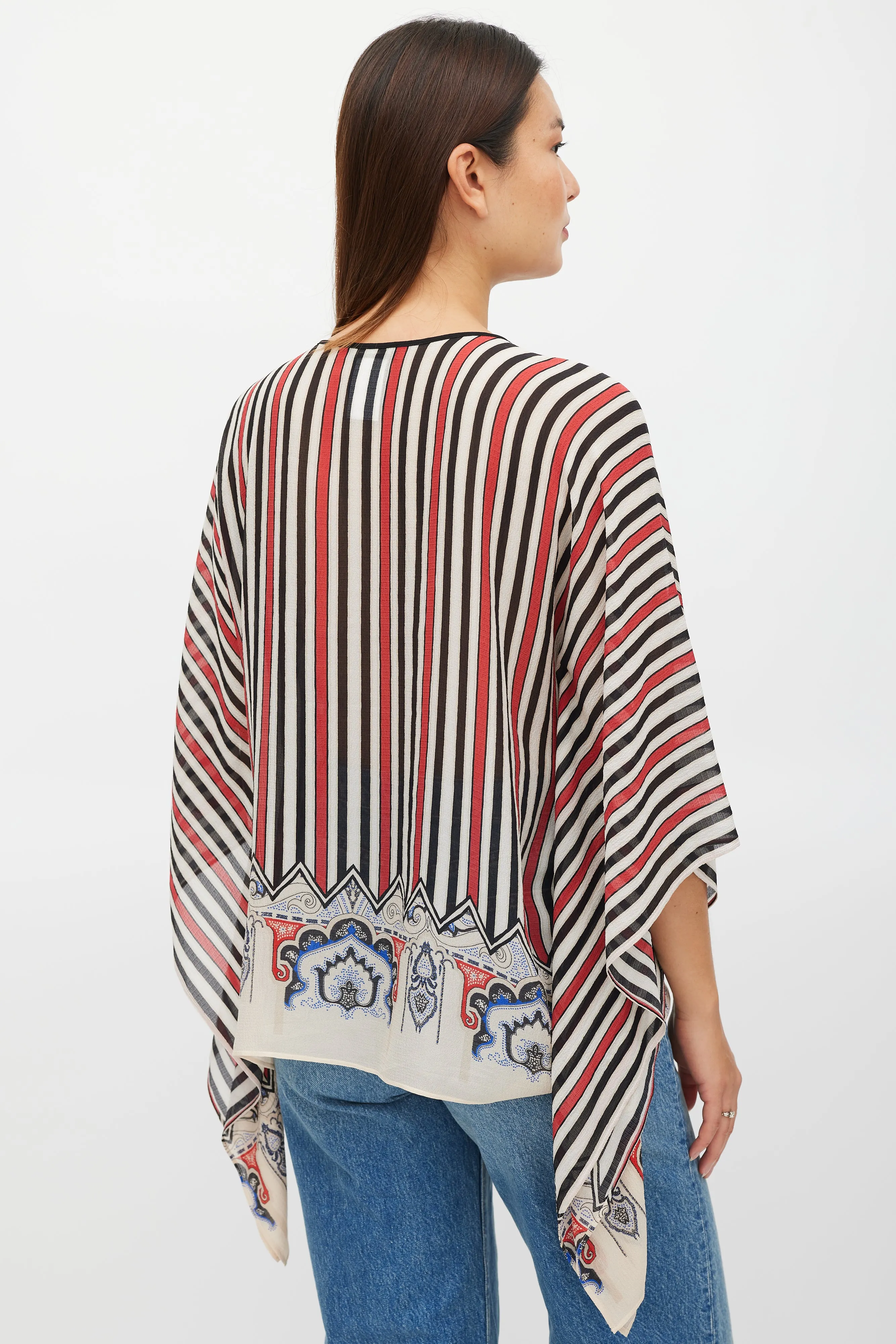 Cream & Multicolour Silk Striped Tassel Poncho