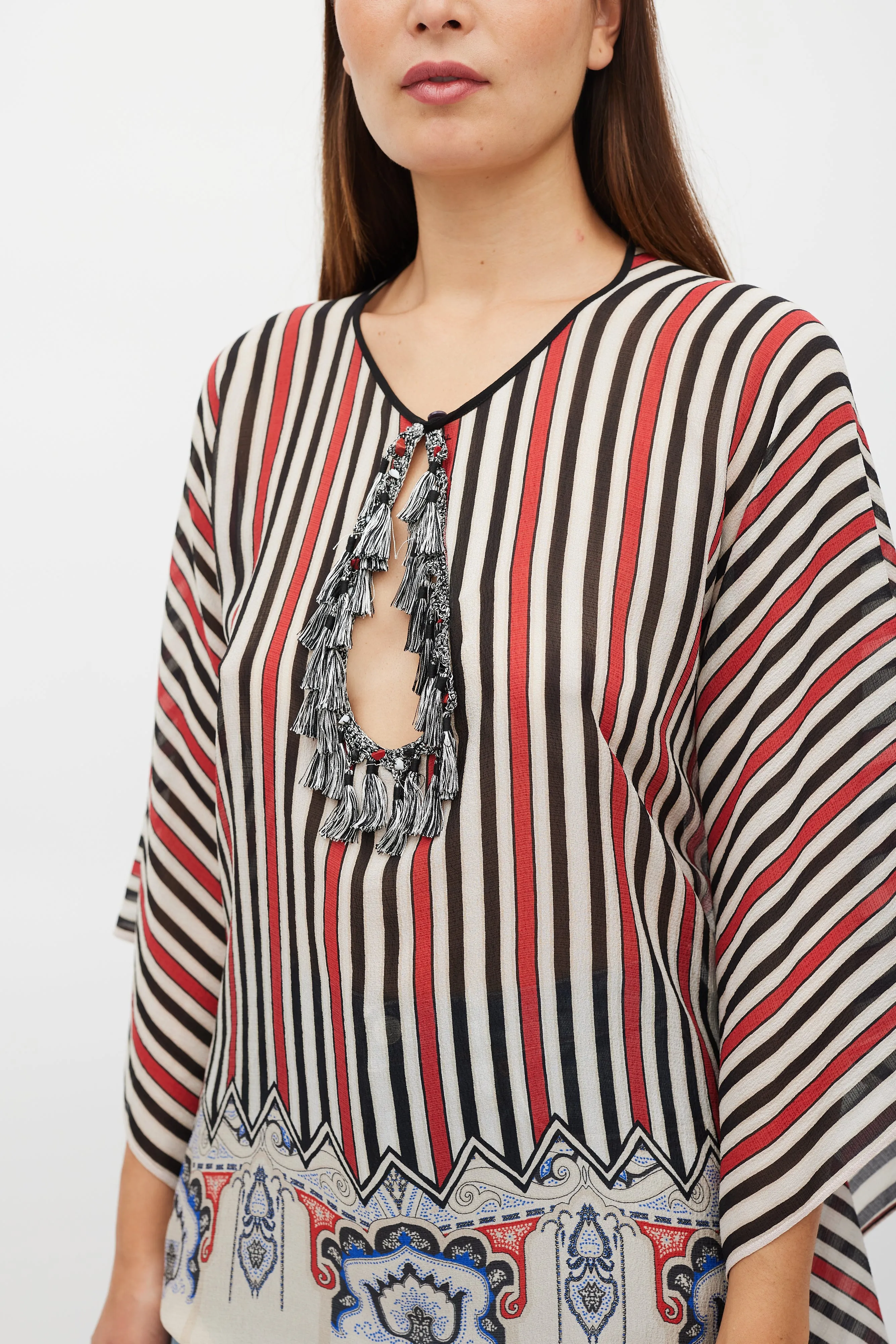 Cream & Multicolour Silk Striped Tassel Poncho