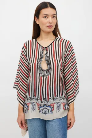 Cream & Multicolour Silk Striped Tassel Poncho