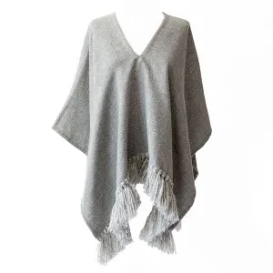 Cropped Fringe Alpaca Poncho - Light Grey