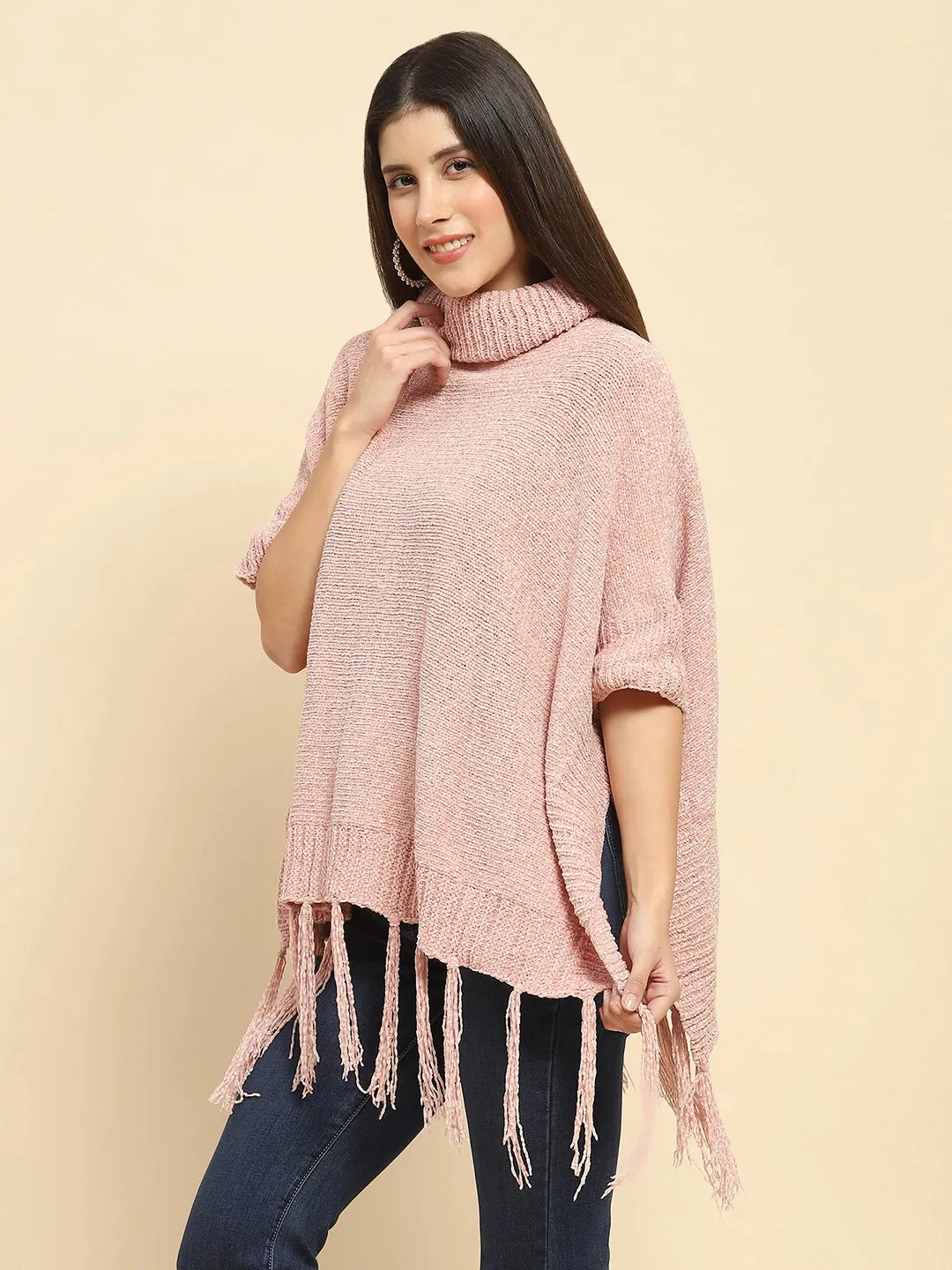 Dusty Pink Poly Blend Solid Knit Loose Fit Poncho