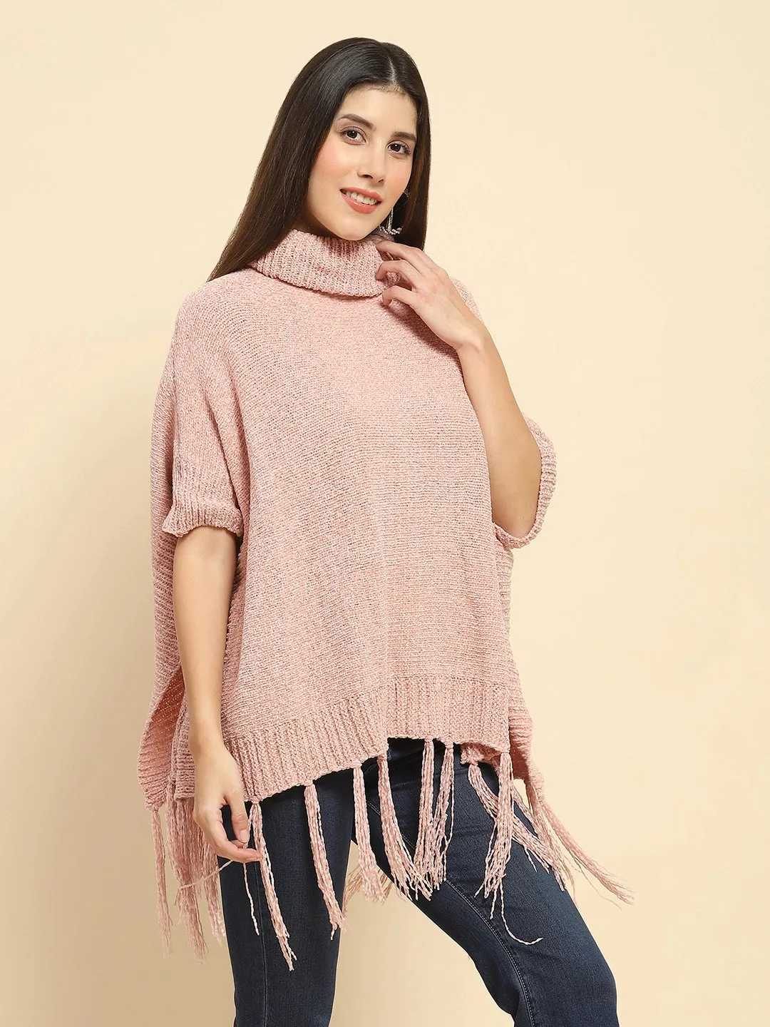 Dusty Pink Poly Blend Solid Knit Loose Fit Poncho