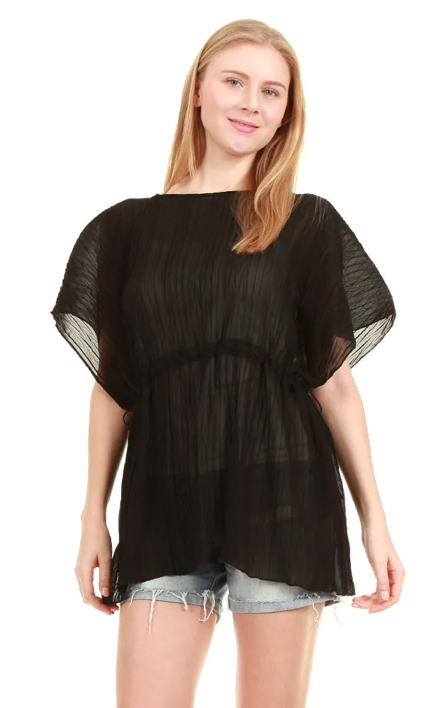 EAP8751 Pleated Chiffon Drawstring Poncho