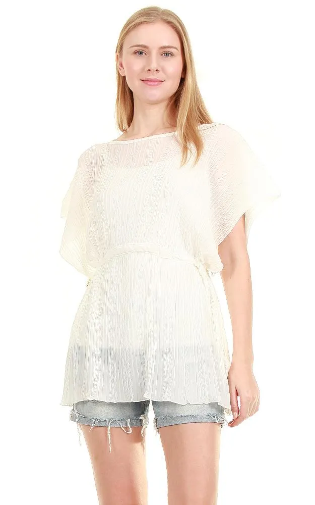 EAP8751 Pleated Chiffon Drawstring Poncho