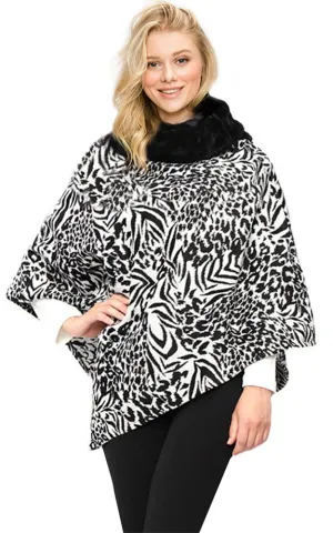 EAP9395 Animal Print Faux Fur Cowl Neck Poncho