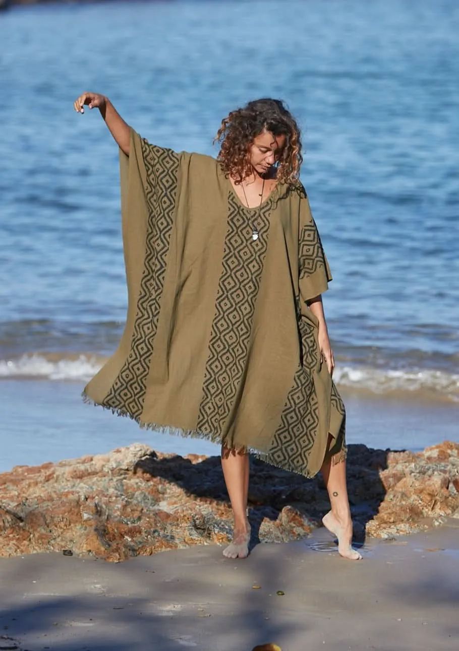 Earthy Block Print Kaftan - Khaki