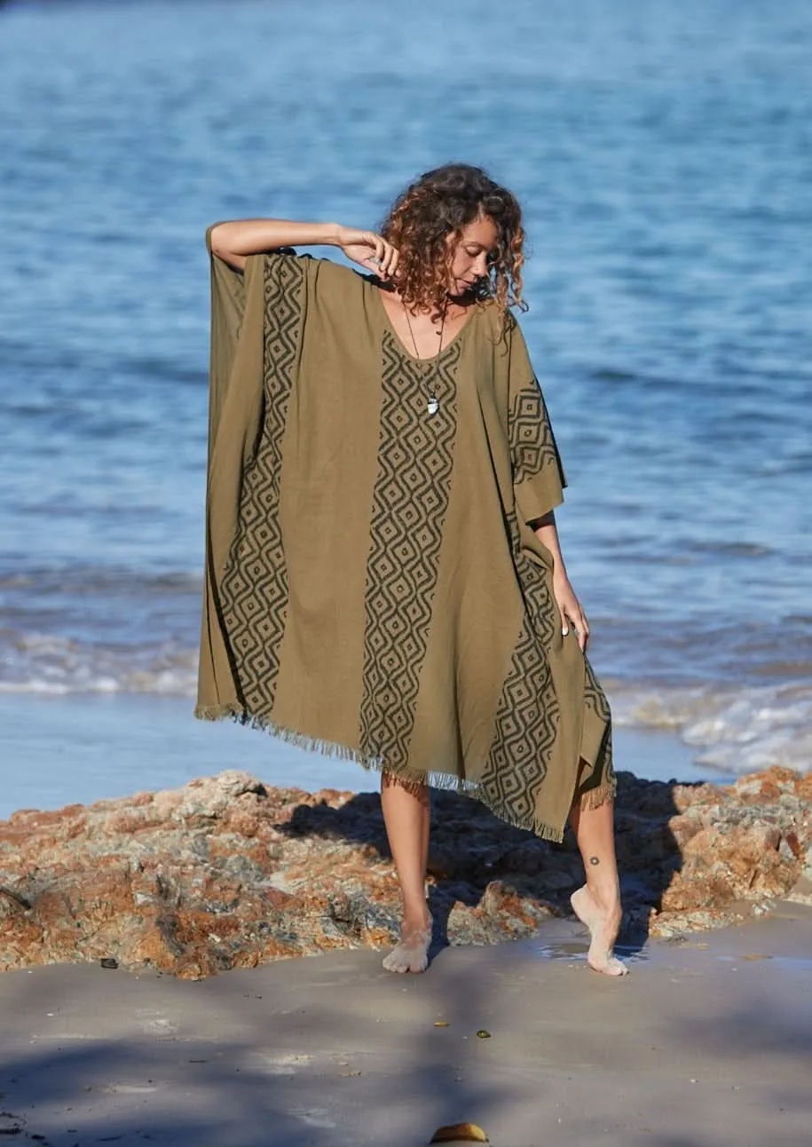 Earthy Block Print Kaftan - Khaki