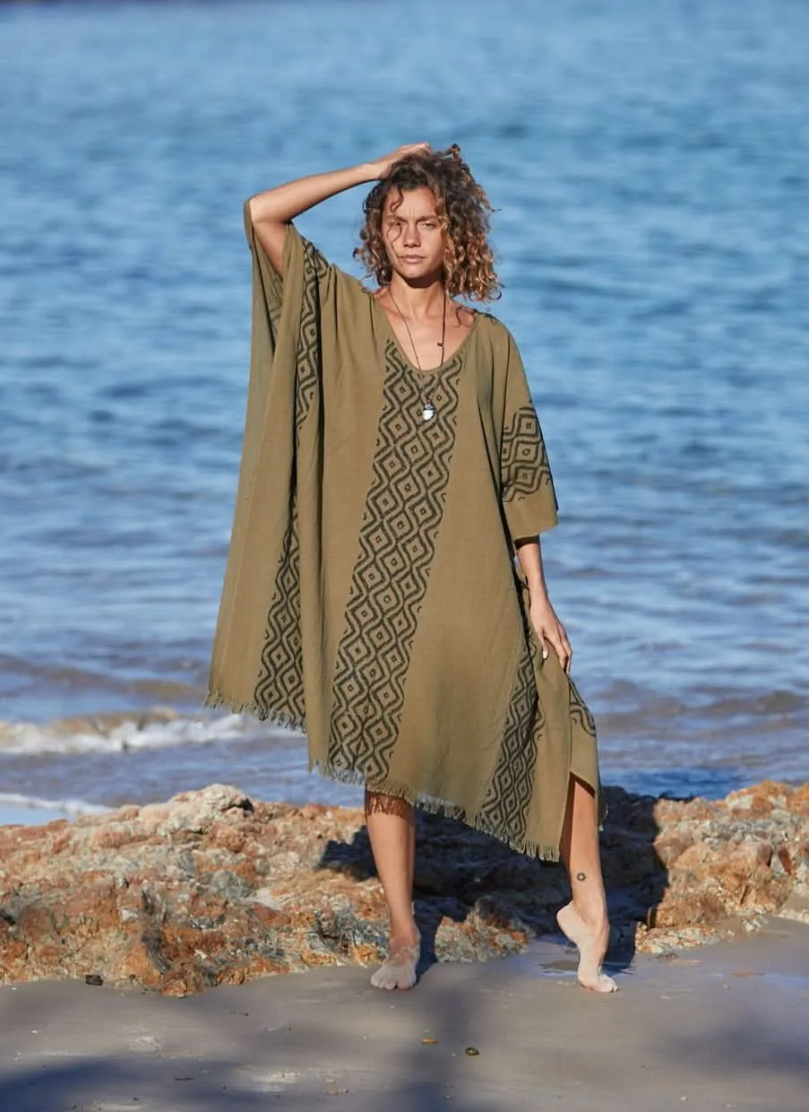 Earthy Block Print Kaftan - Khaki