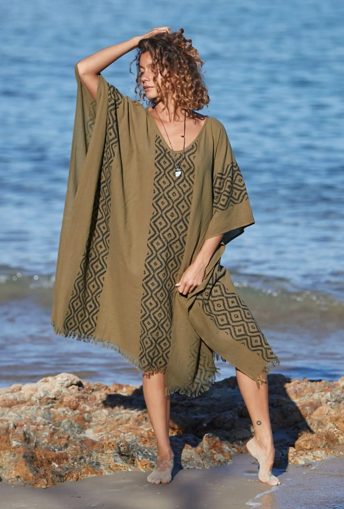 Earthy Block Print Kaftan - Khaki