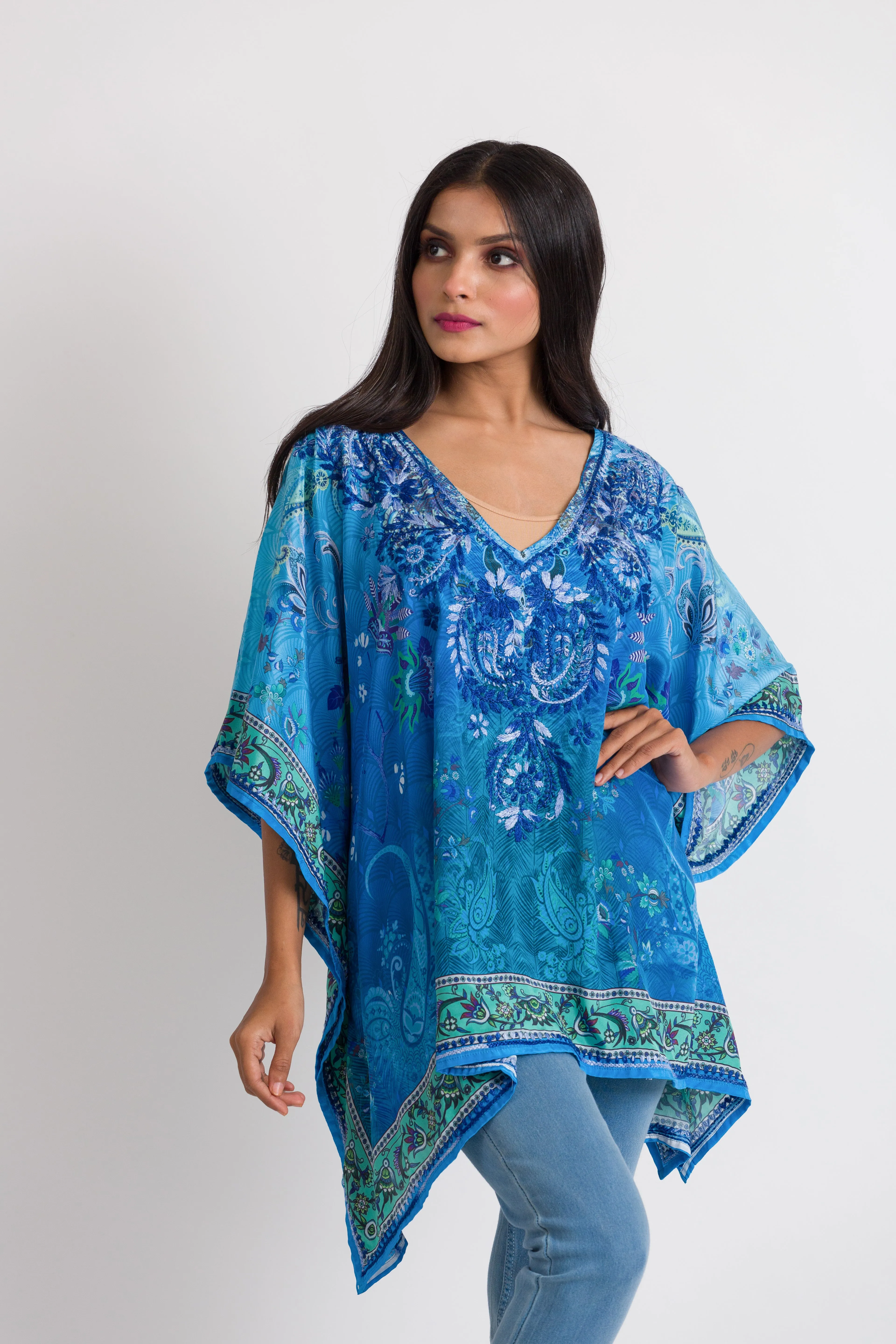 Embellished V Neck Poncho