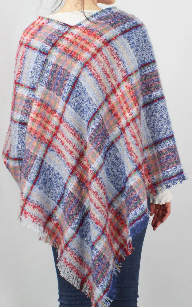 EPC10022 Plaid Woven Poncho with Short Trim