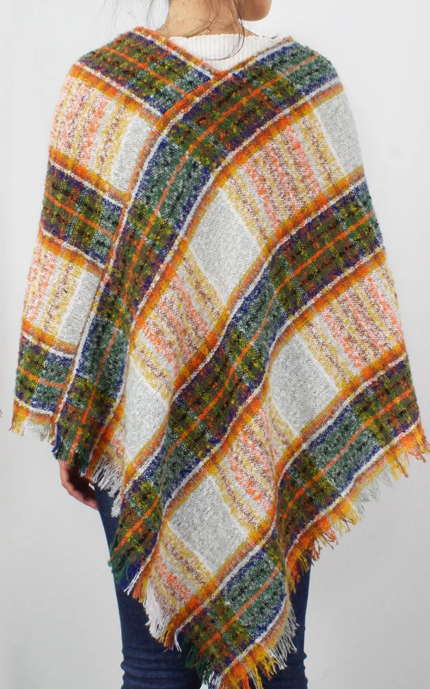 EPC10022 Plaid Woven Poncho with Short Trim