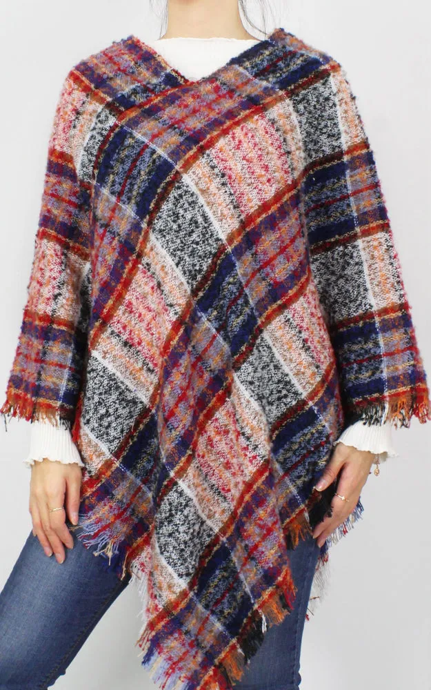 EPC10022 Plaid Woven Poncho with Short Trim