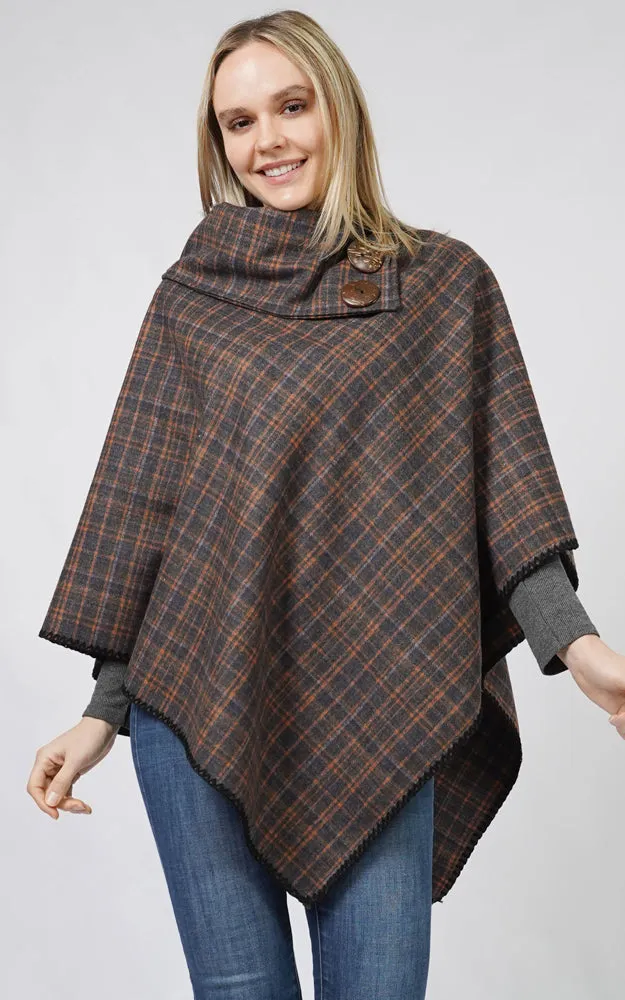 EPC10805 PLAID COCONUT BUTTON PONCHO