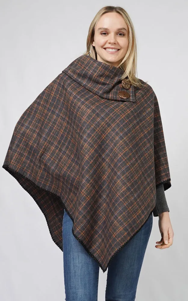 EPC10805 PLAID COCONUT BUTTON PONCHO