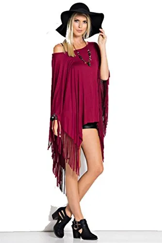 Fashion Secrets Women Fringes Cut Handkerchief Hem Poncho Top