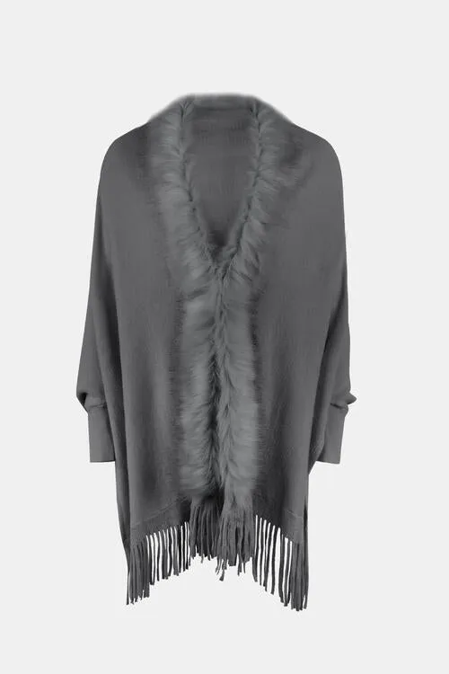 Fringe Open Front Long Sleeve Poncho