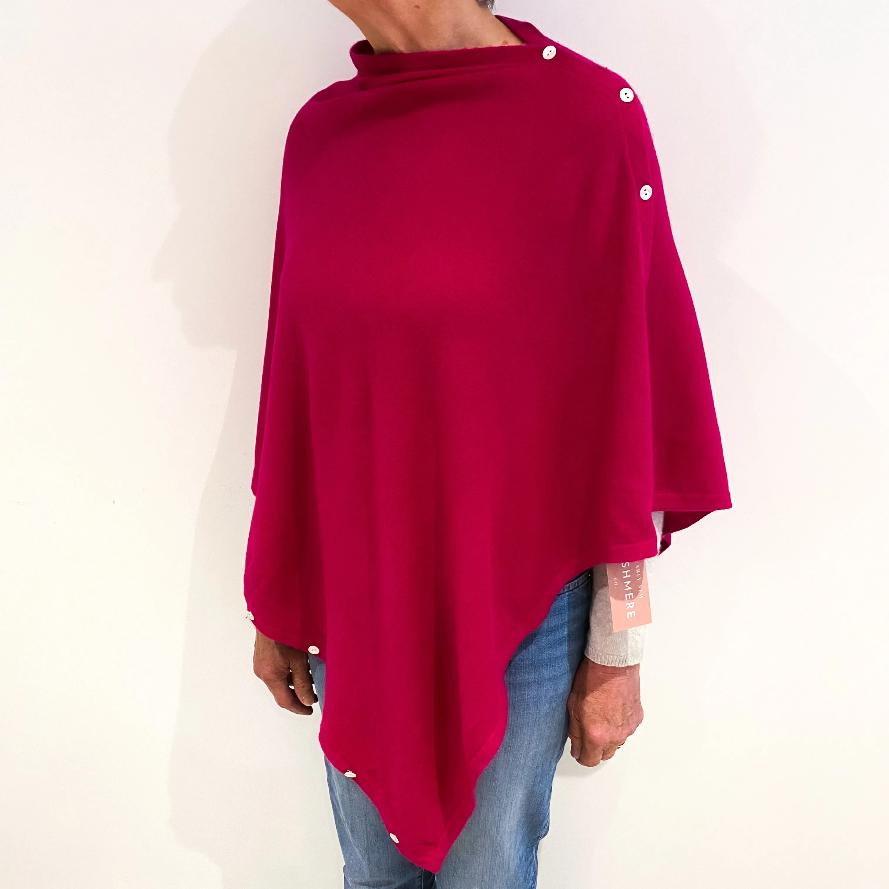 Fuchsia Pink Cashmere Buttoned Poncho Wrap One Size