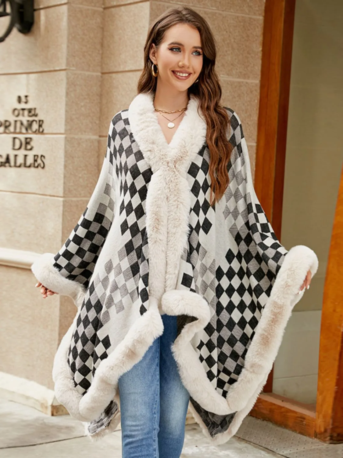 Fuzzy Checkered Long Sleeve Poncho