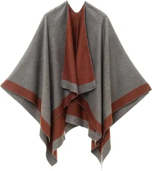 Gray-Caramel Luxurious Knit Sweater Poncho Cardigan