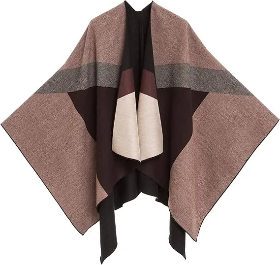 Gray-Caramel Luxurious Knit Sweater Poncho Cardigan