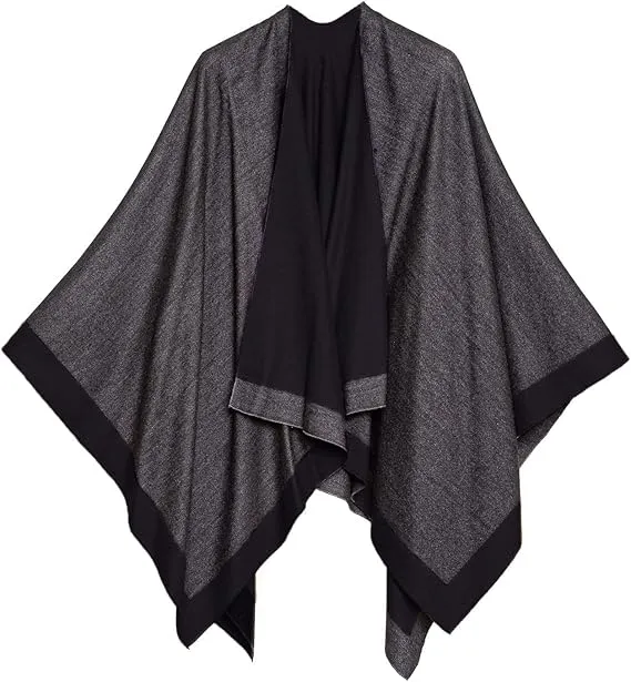 Gray-Caramel Luxurious Knit Sweater Poncho Cardigan