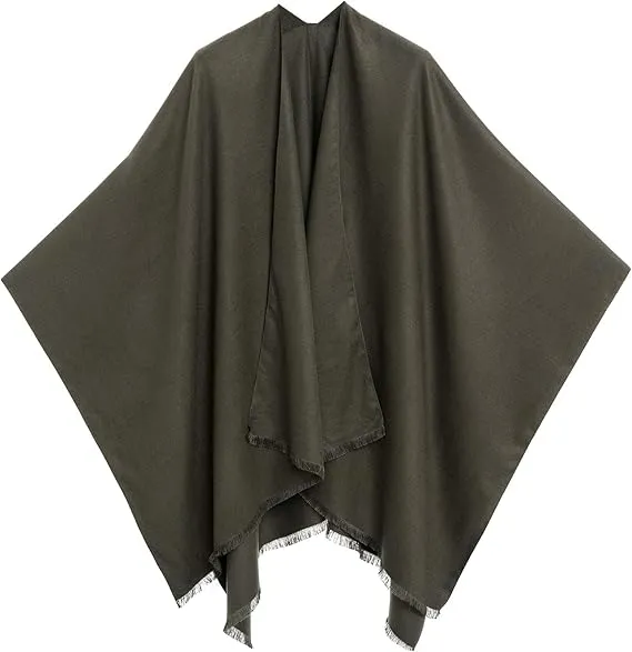 Gray-Khaki Luxurious Knit Sweater Poncho Cardigan