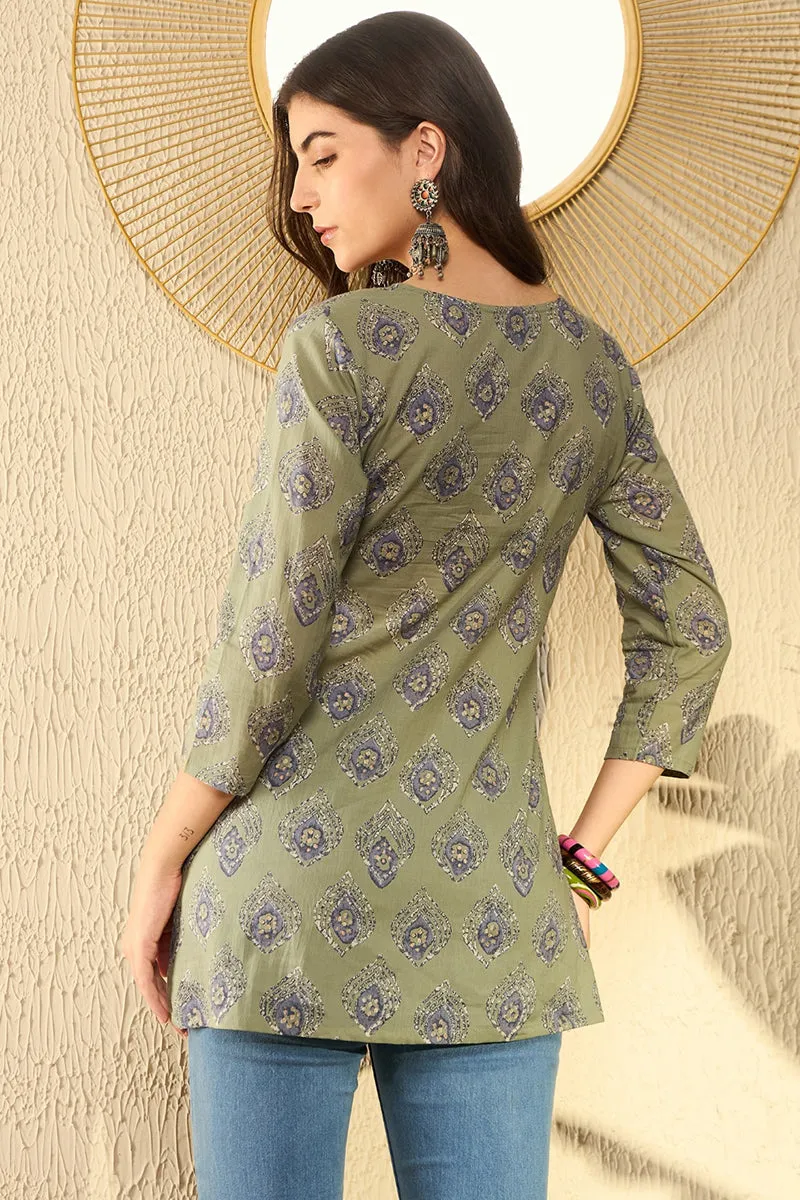 Green Cotton Blend Ethnic Motifs Printed Peplum Tunic VT1283