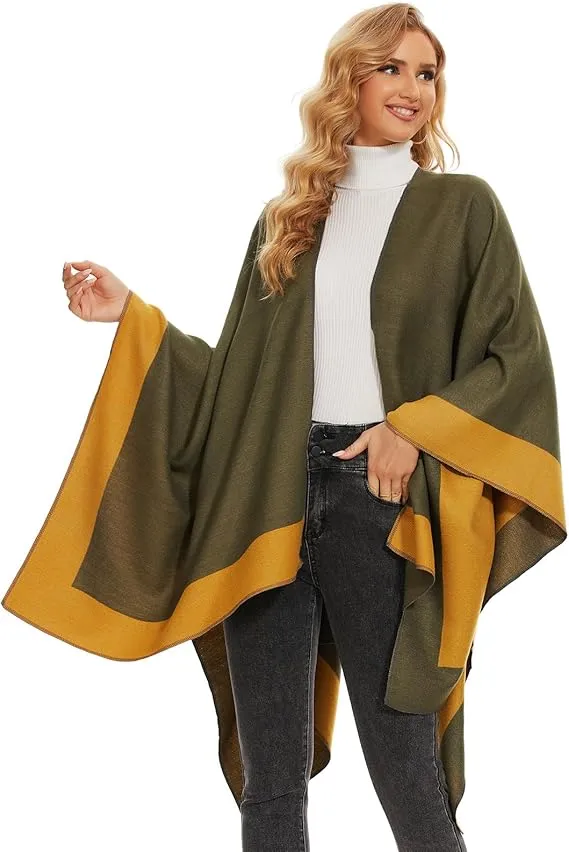 Green-Yellow Soft Knit Wrap Poncho Style Cardigan