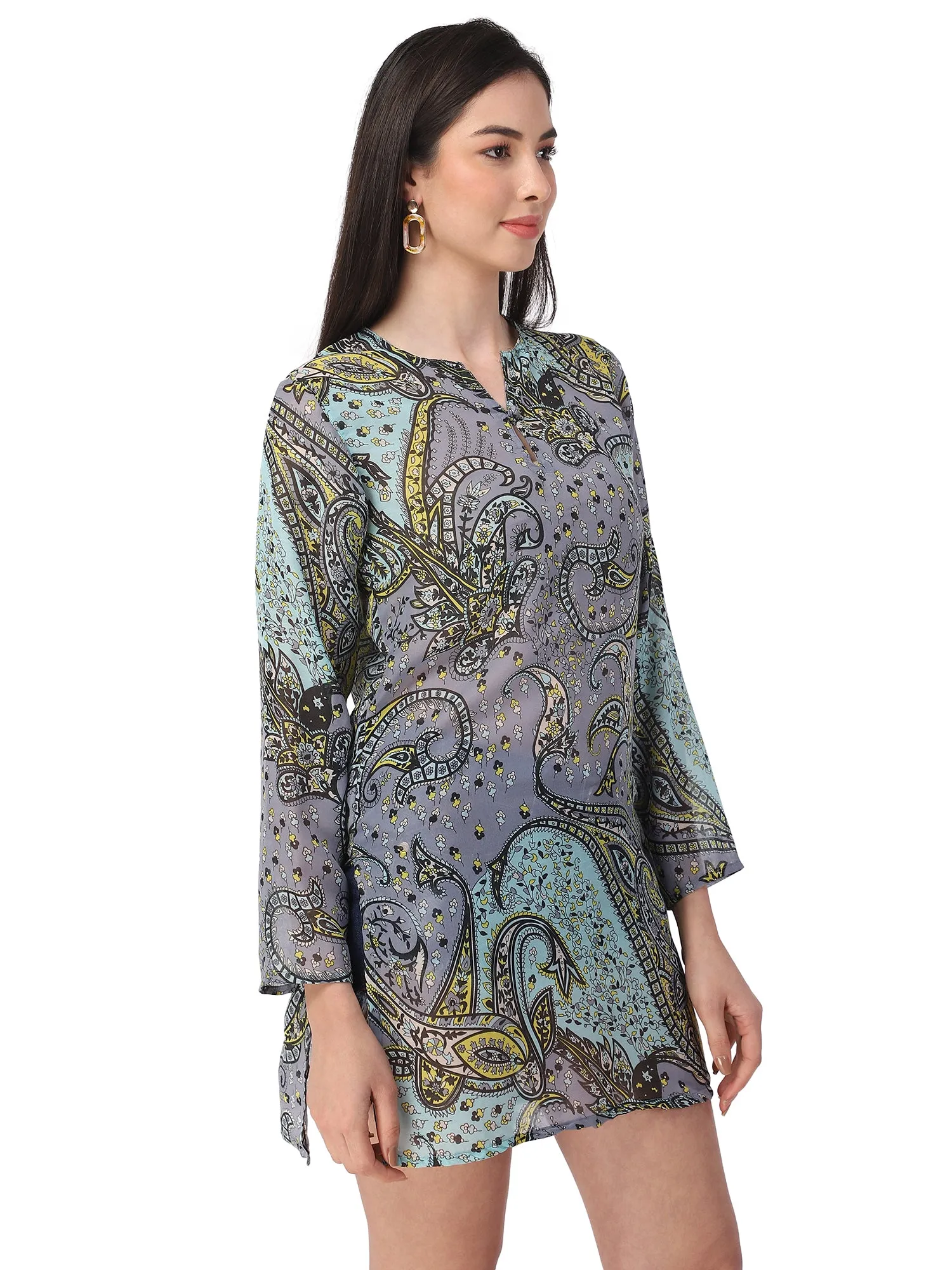 Grey and blue printed cotton tunic