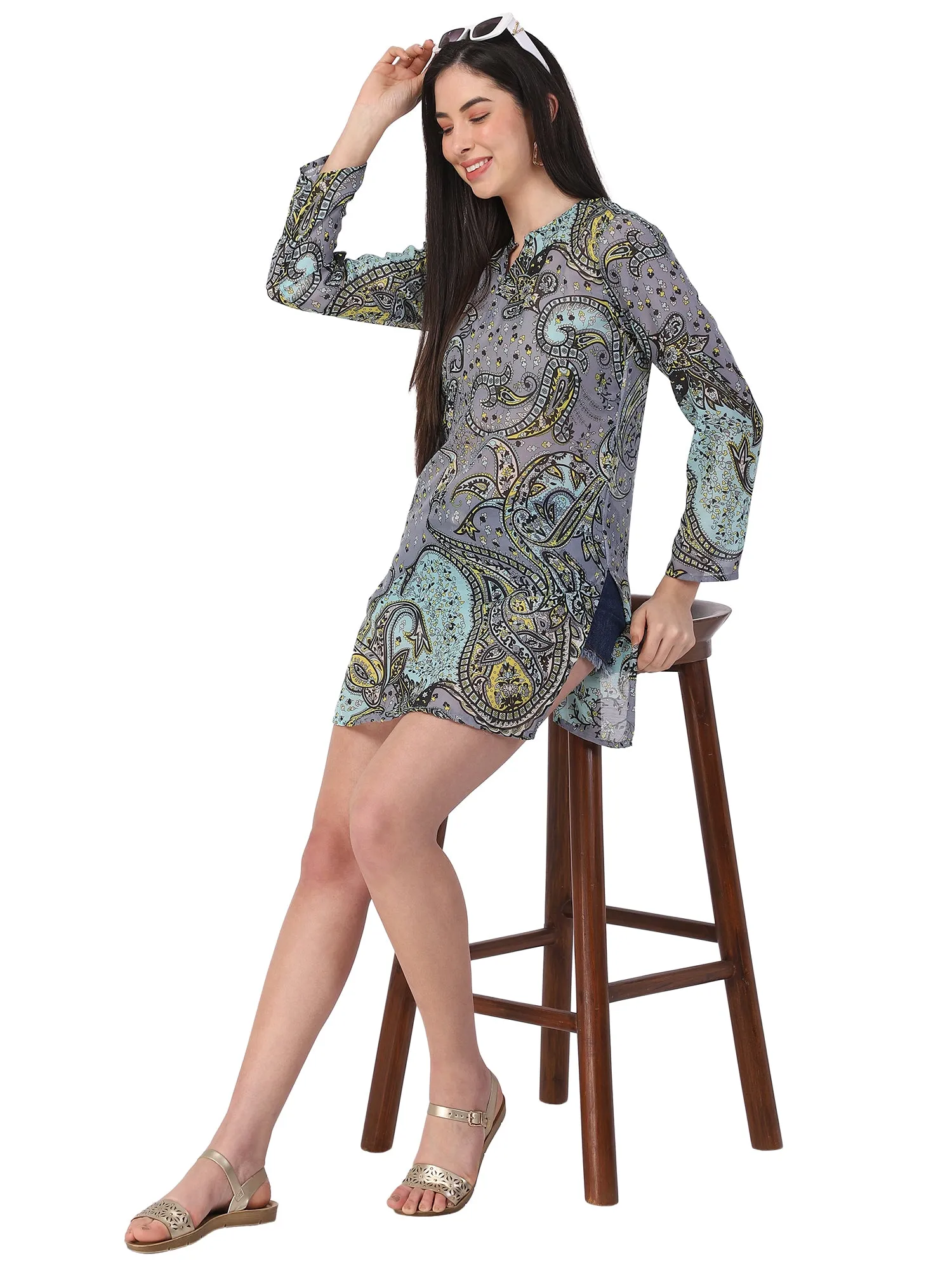 Grey and blue printed cotton tunic